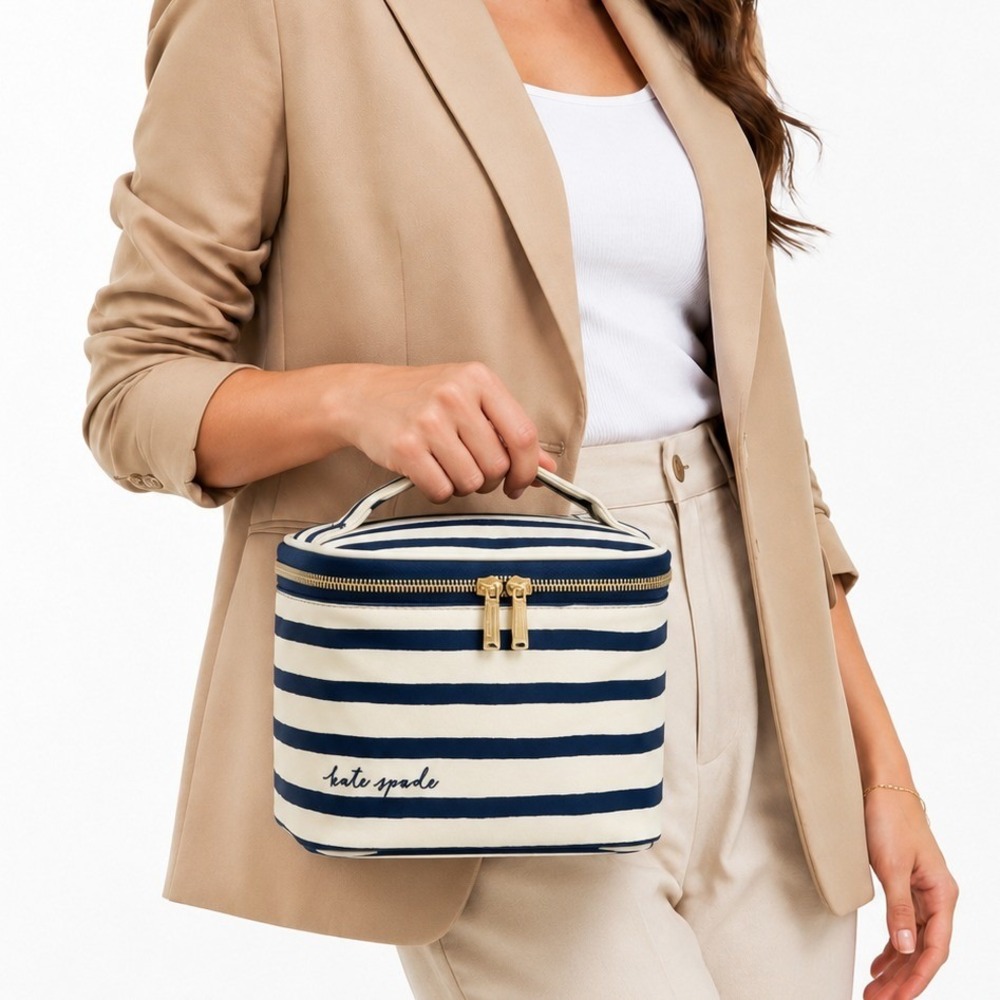 Kate Spade Womens Lunch Tote Bag Navy Cream Striped Insulated Zip Travel Cooler